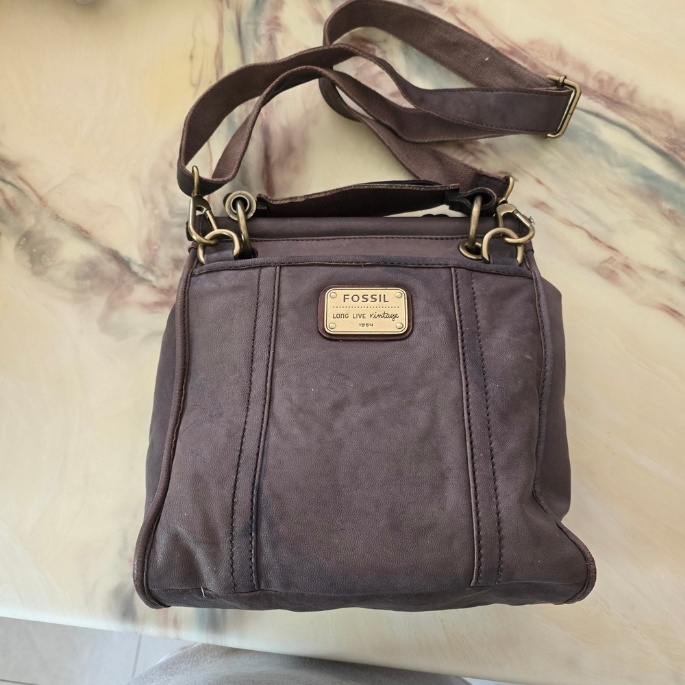 Fossil Long Live Vintage Brown Leather Crossbody Messenger Bag Brass Hardware